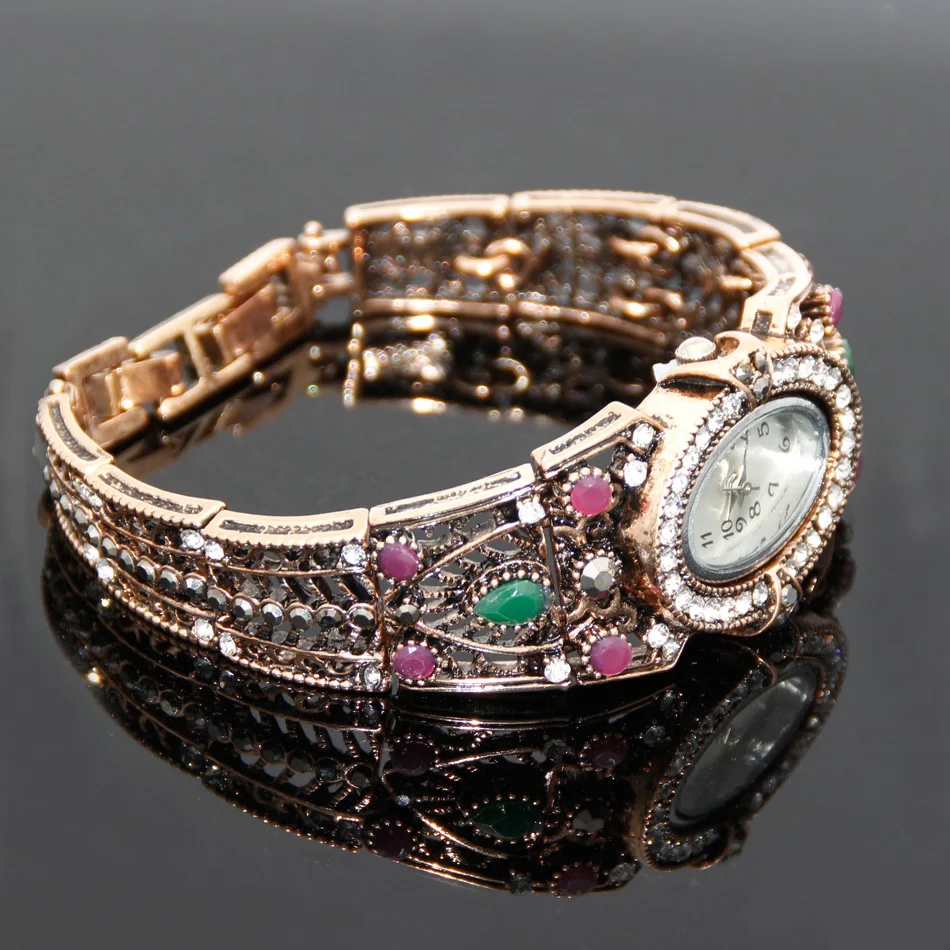 Vintage Turkish Bangle Watch Bohemia Women Quartz Watch Bracelet Antique Gold Color Resin Jewelry Bride Wedding Gift Sunspicems