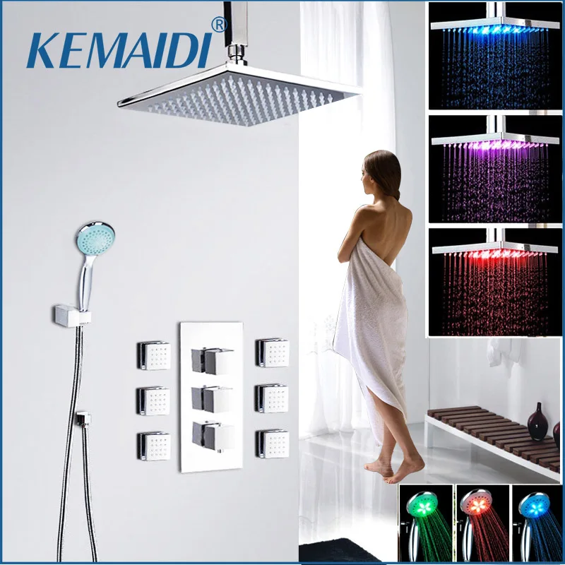 

KEMAIDI Bathroom Rainfall Hand Shower Faucets Set Wall Mount Square 6 pcs Shower Message Jets 8 10 12 16 Inch LED Shower Head