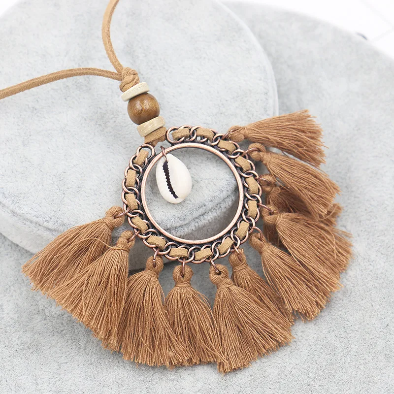 Collares largos bohemios étnicos hechos a mano con borlas circulares para mujer, collares con colgantes de cuentas de concha gitana Vintage, gargantilla de cadena para suéter