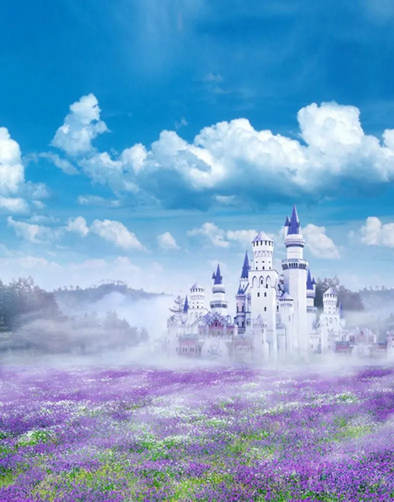 

5x7ft Blue Sky White Castle Purple Flowers Photography Backdrops Photo Props Studio Background