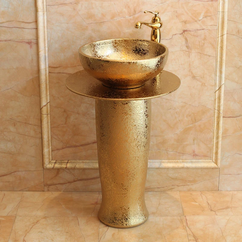 Art Balcony Bathroom Floor Landing Pedestal Basin Integrated porcelain vessel bathroom sink golden