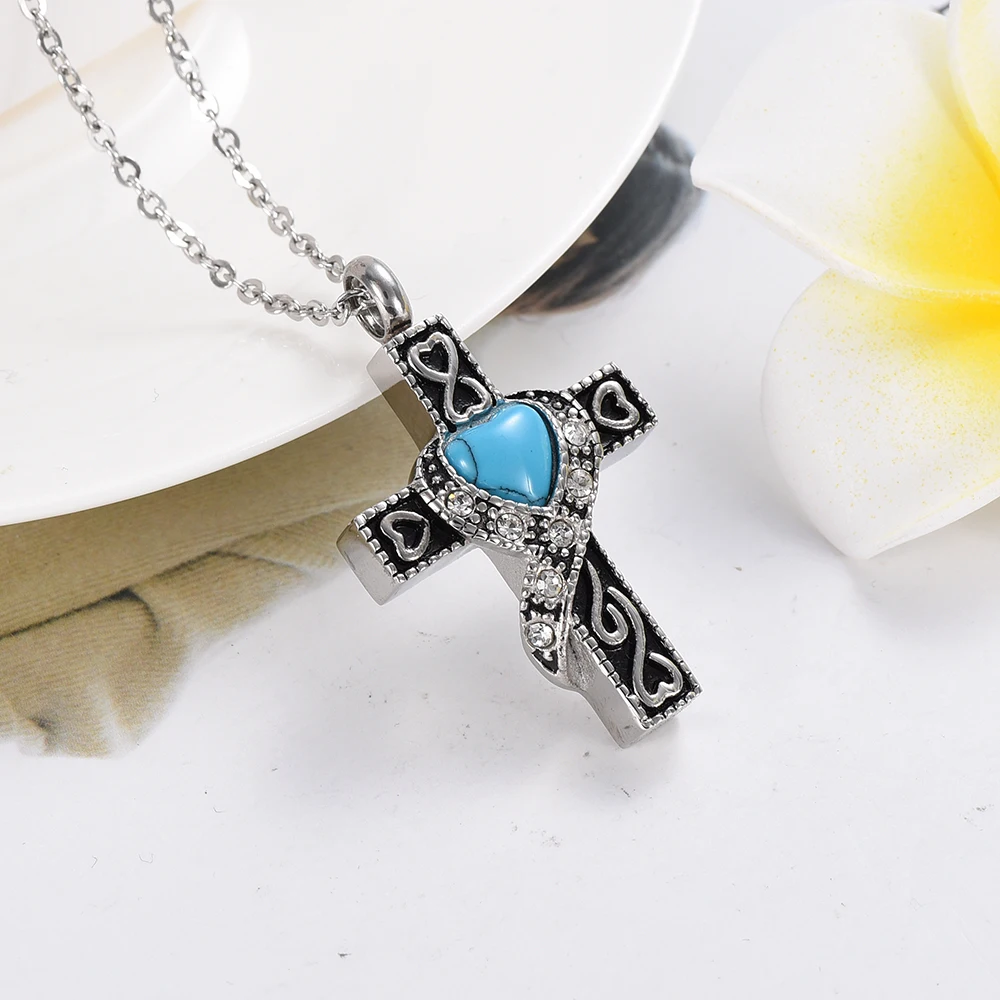 IJD9699 High Quality Vintage Love Heart Cross Cremation Stainless Steel Urn Pendant Necklace Ash Memorial Jewelry&Funnel Kit