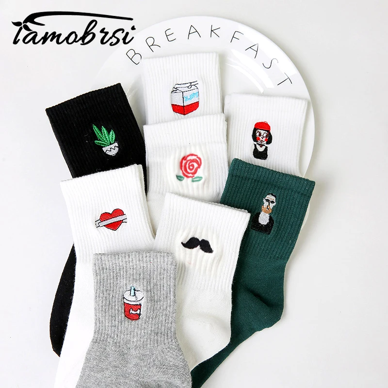 Korean Harajuku Funny Cartoon Black White Short Sock Novelty Women Milk Box Beard Rose Heart Radio Embroidery Cotton Ankle Socks