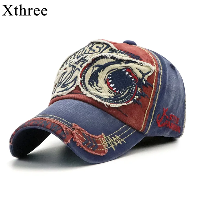 Xthree New Washed Baseball Cap Fitted Cap Snapback Hat For Men Bone Women Gorras Casual Casquette  Embroidery Shark