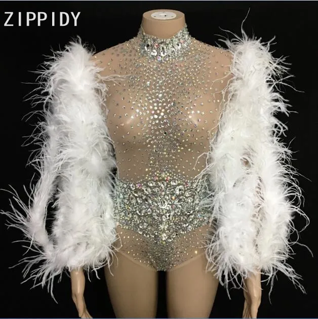 Bright Rhinestones Crystals Mesh Outfit Bodysuit Evening Birthday Party Transparent Leotard Nightclub Singer Dance Big Stones