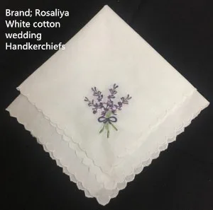 

Set of 12 Ladies Handkerchief 12-inch White Cotton Wedding Hankies scallop Edged Color embroidery Vintage Hanky For Ladies/Bride