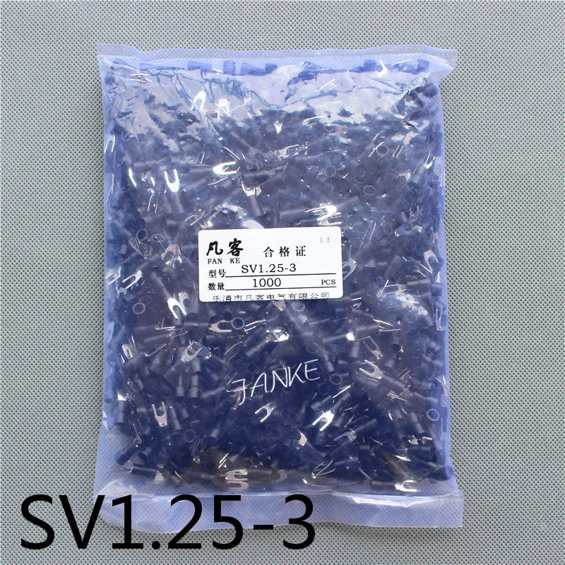 1000pcs SV1.25-3 Pre insulated cold pressed terminals Furcate Y/U shape wire crimp terminals Brass for AWG22-16 Thickness 0.5MM