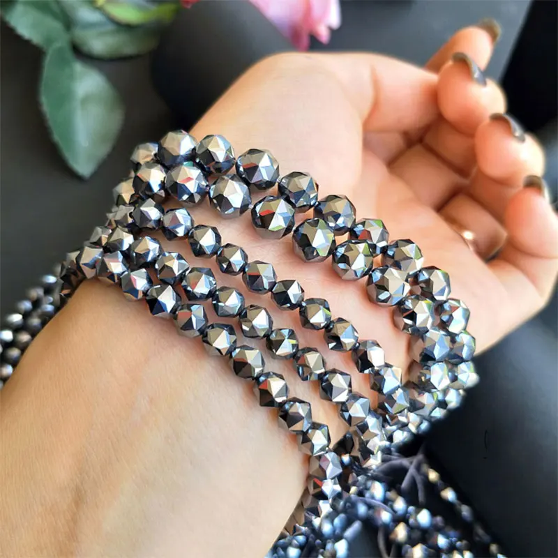 4-12mm Natural Terahertz Stone Beads 15\'\' Round Faceted Gray DIY Loose Beads For Jewelry Making Beads Men Bracelet Necklace Gift