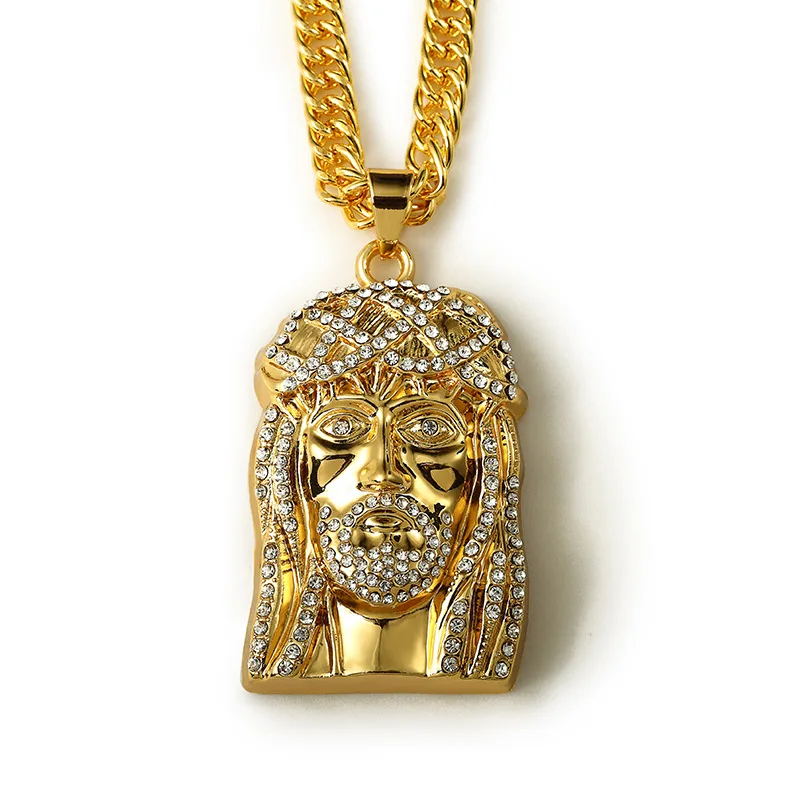 Hip Hop Rapper Bling Iced Out Rhinestones Cool 3D Jesus Head Face Cross Piece Pendants Necklaces Chain Men Women Jewelry