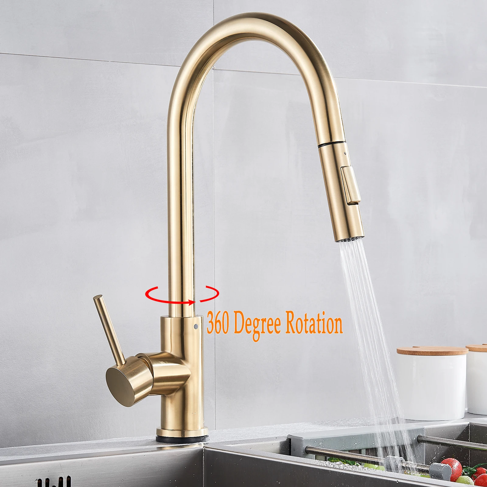 SHBSHAIMY Kitchen Faucet Touch Pull Out Deck Mounted 360 Rotation Sensor Tap Cold and Hot Water Mixer Tap Battery Powered