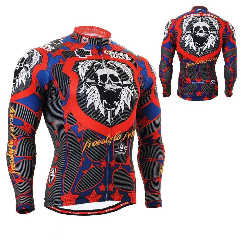 Men`s Long Sleeve Cycling Jersey Skull Graphic Useful 3 Rear-pockets & Non-Slip Silicone Band MTB Bike Bicycle Clothing S~3XL