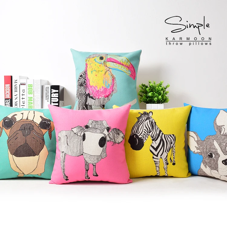 Funny Animal Cushion Cover Toucan Throw Pillow Case Zebra Owl Dog Giraffe Pug Cow Linen Car Seat Cushion Cases Animal Room Decor