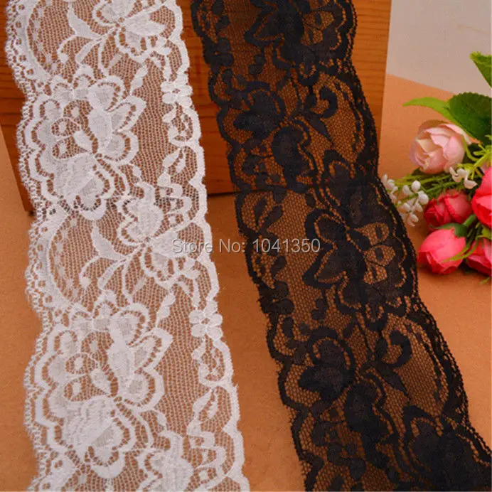 10yards/lot 7.5cm width embroidered black/off white cotton elastic lace trim ribbon wedding decor craft