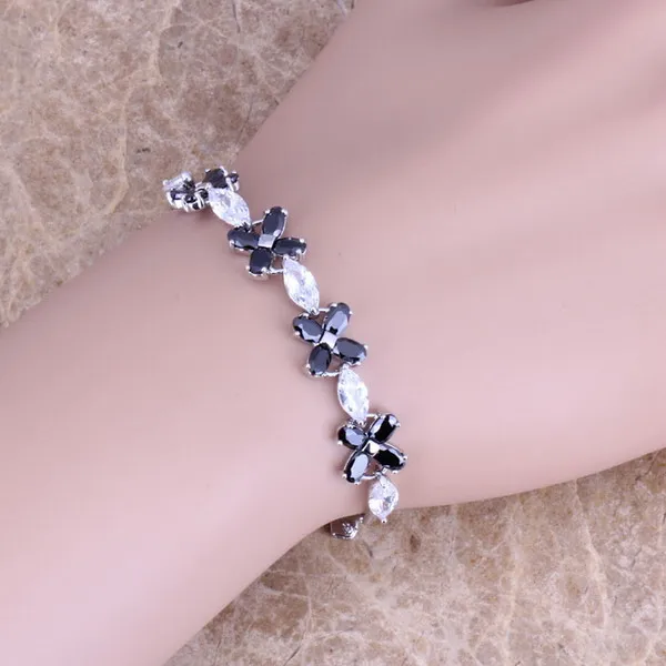 Black Cubic Zirconia White CZ Silver Plated Link Chain Bracelet 6 - 7.5 inch S0363