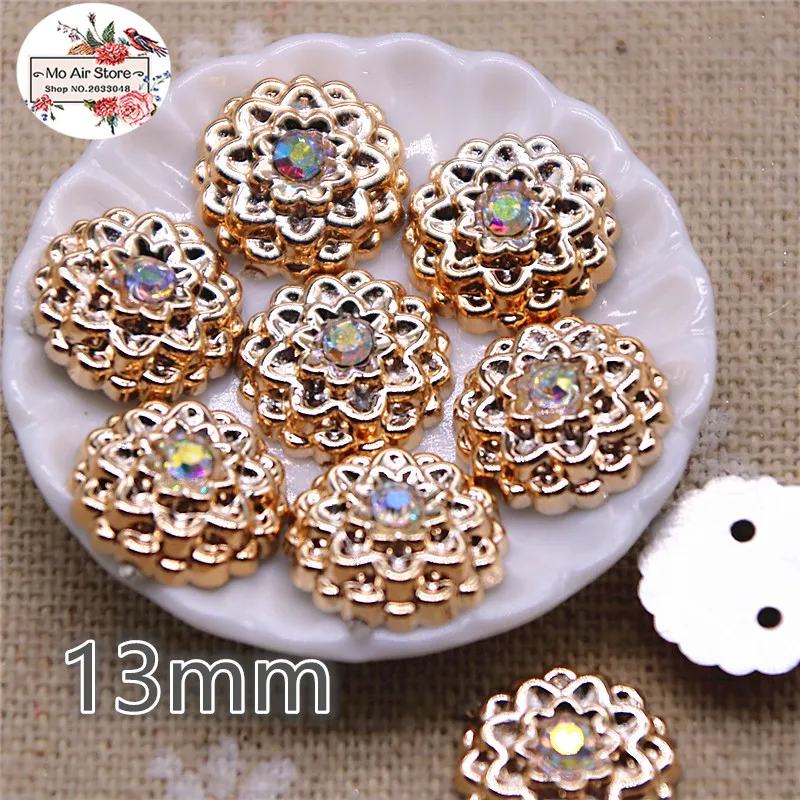 50 pz 13mm strass fiore rotondo colore dorato bottoni posteriori piatti casa giardino artigianato Cabochon Scrapbooking accessori di abbigliamento