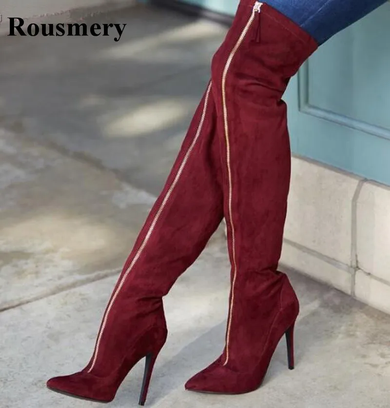 

Women Front Zipper-up Red Suede Leather Over Knee High Heel Boots Pointed Toe Thigh Heel Long High Heel Boots Dress Shoes