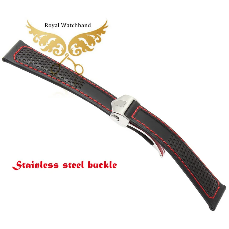 22mm New High Quality Stainless Steel Butterfly Buckle Red Stitched Black Genuine Leather Watch bands Strap For BRAND