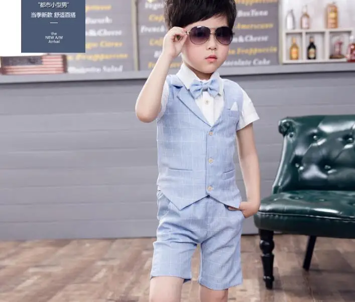 

Classic new pink Boys Formal Suit Summer 3pcs Short Sleeve Children suit Kids Wedding Clothing Sets Prom Performance Costumes