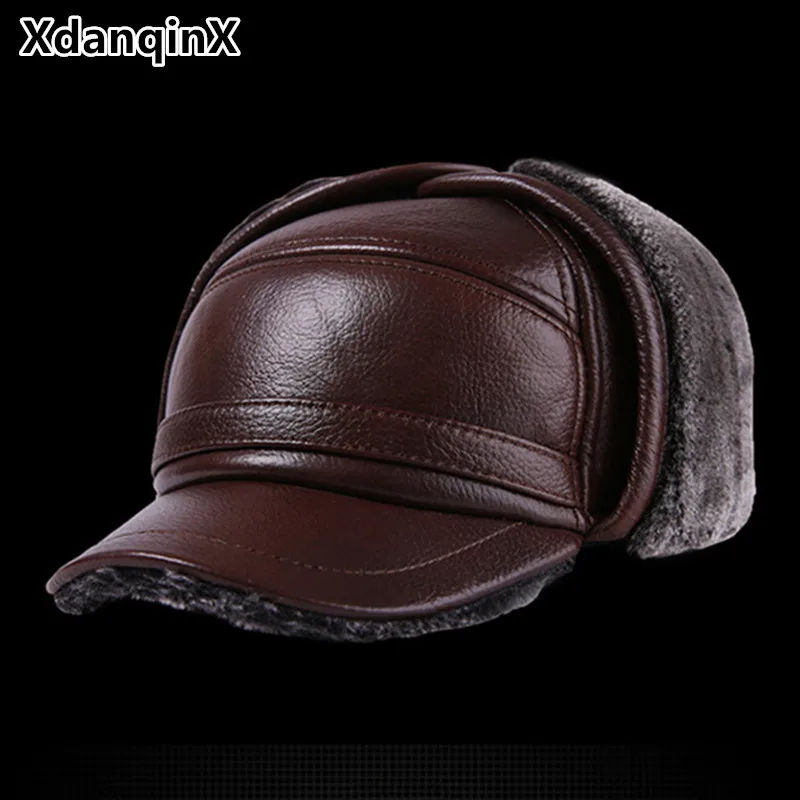 Winter Men's Leather Hat Thicken Leather Cowhide Baseball Caps With Ears Warm Snapback Dad's Hats Sombrero De Cuero Del Hombre