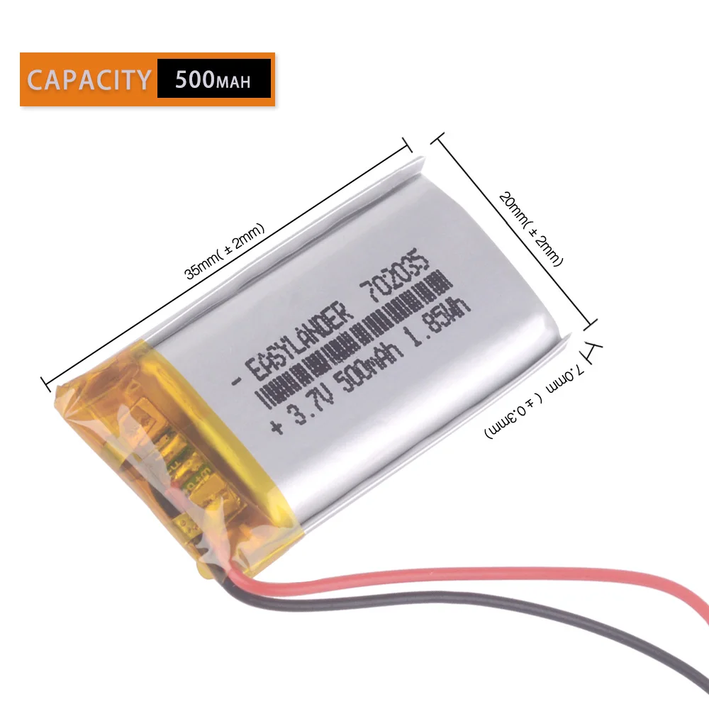 

10pcs/Lot 702035 3.7V 500mAh Rechargeable li Polymer Battery 072035