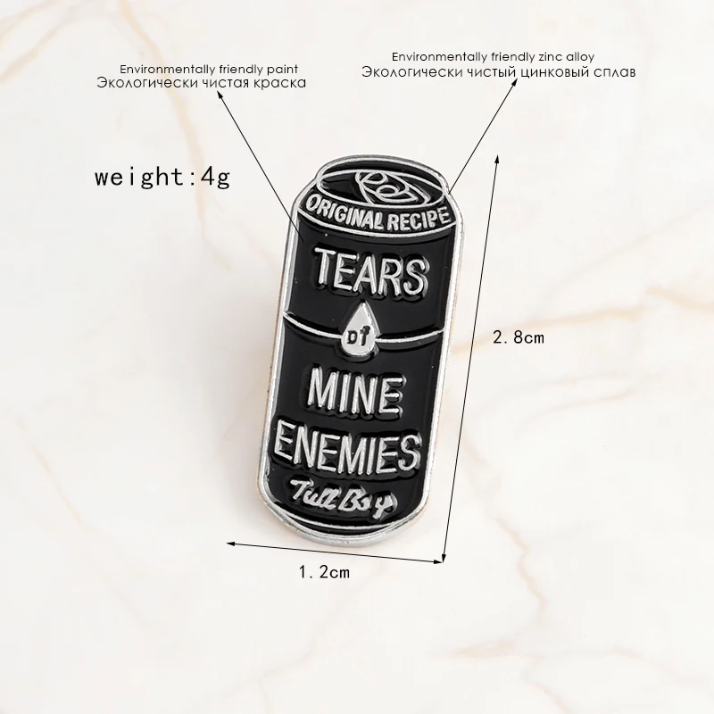 Iron Can ORIGINAL RECIPE Beverage Metal Enamel Brooch TEARS OF MINE ENEMIES Badge Black Fittings For Denim Shirts Friend's Gift