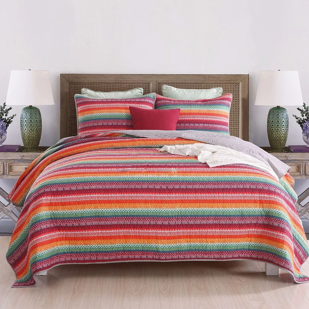 Bohemian Cotton Quilt Set Thicken 3pcs Bedspread on the Bed Quilted Bed Cover Queen Size Rainbow Coverlet Blanket for Bed