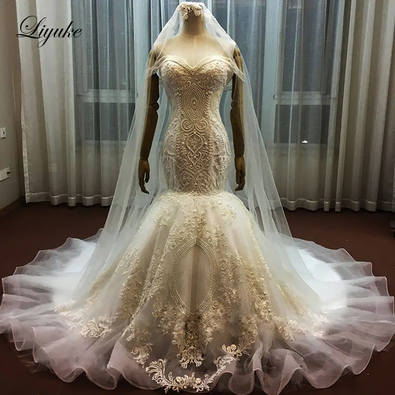 Liyuke Vintage Organza Sweetheart Bride Dress With Natural Waist Heavily Beading Pearls Mermaid Wedding Dresses Vestido De Noiva