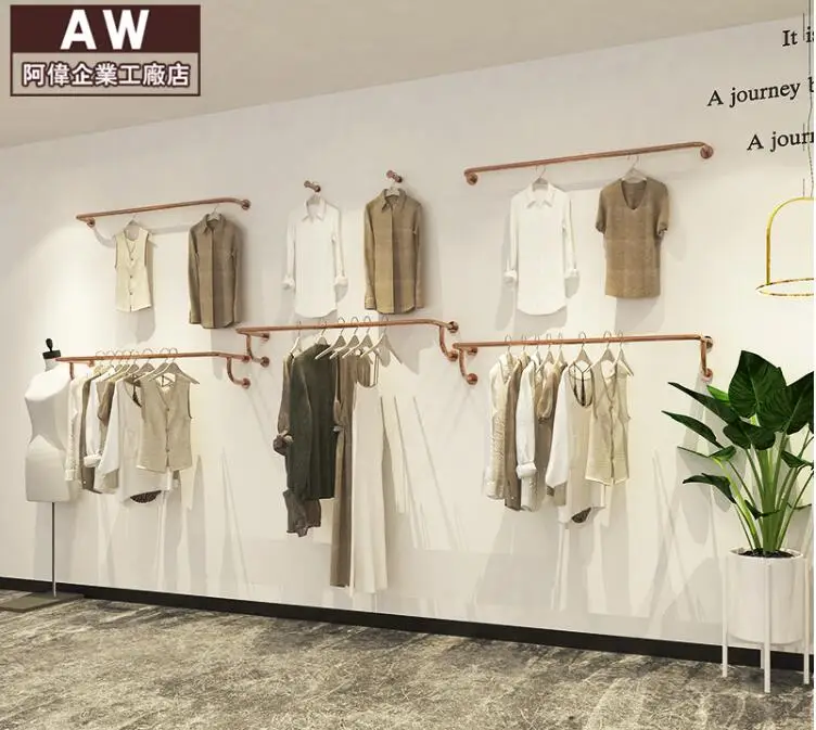 Women's clothing store hanger rack display rack, wall hanging side hanger stainless steel golden tube hanger image 2