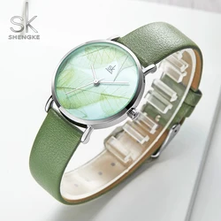 Shengke Fashion New Women Watch Clock ladies Green Dial Wristwatch Quartz Japanese Movement Gift Simple Design 3 bar waterproof