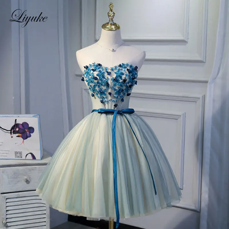 Liyuke Heart Appliques On Bust Part With Belt Prom Dress  A Line Strapless Party Dress Knee-Length Dress