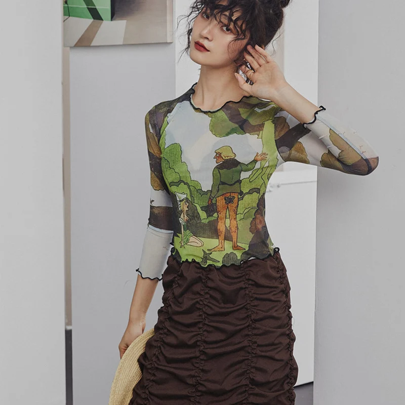 Cheerart Mesh Vintage Crop Blouse Long Sleeve Summer Top Print Disco Dancing Bodycon Designer Top Ladies Clothing