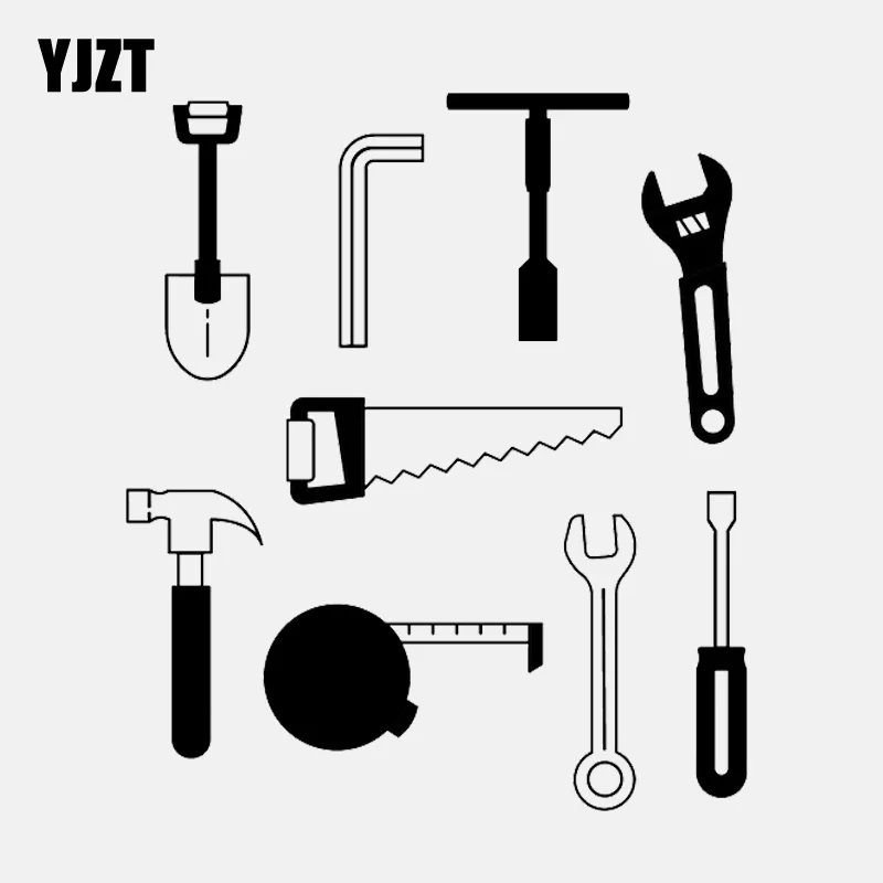 YJZT 14.7CM*16.9CM Shovel Saw Wrench Wrench Hammer Screwdriver Vinly Black/Silver Car Sticker C22-0542