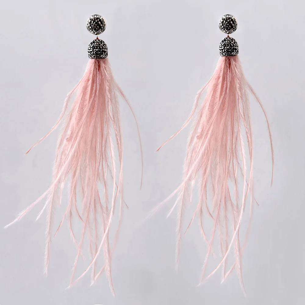 LFPU البوهيمي حقيقية النعامة ريشة أقراط طويلة كريستال الشرابة استرخى إسقاط أقراط مجوهرات للنساء مجوهرات الزفاف