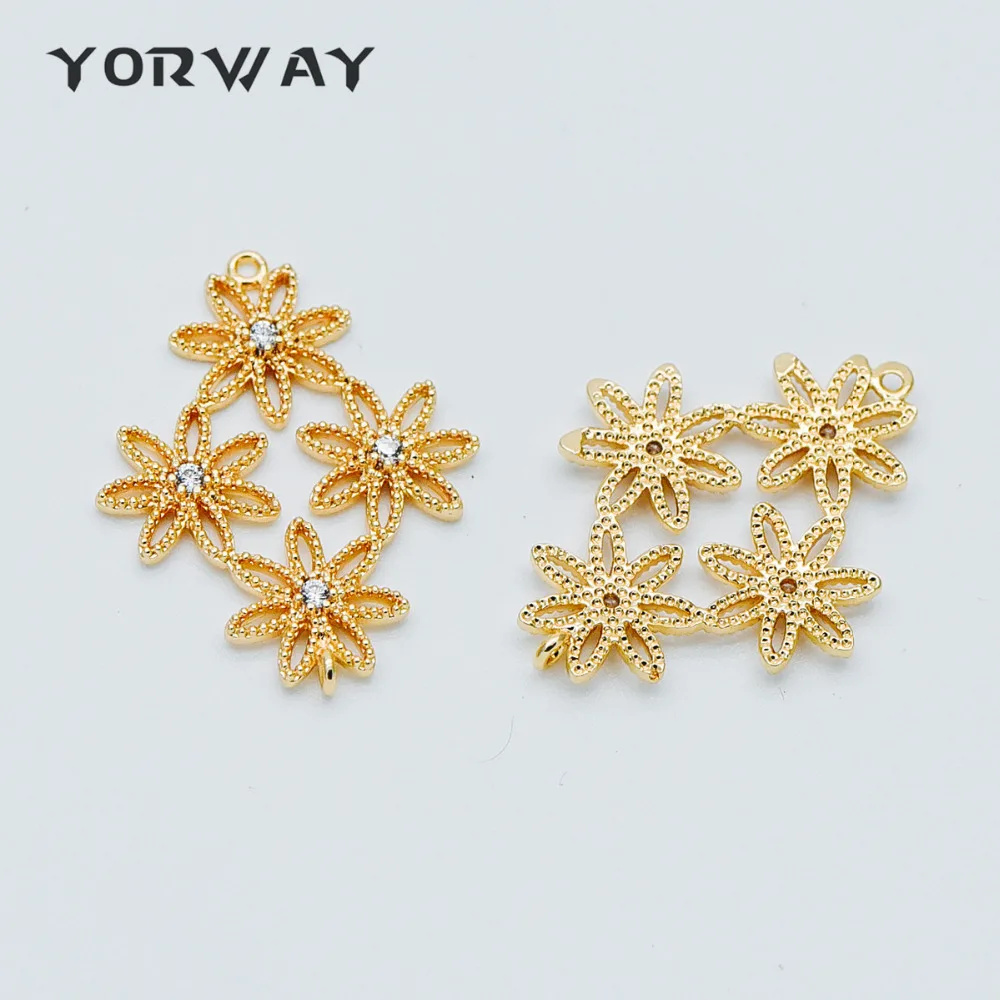 

10pcs/Lot Gold Plated Brass Floral Connectors 27x21mm, CZ Paved Flower Cluster Charm Pendants, Lead Nickel Free (GB-407)