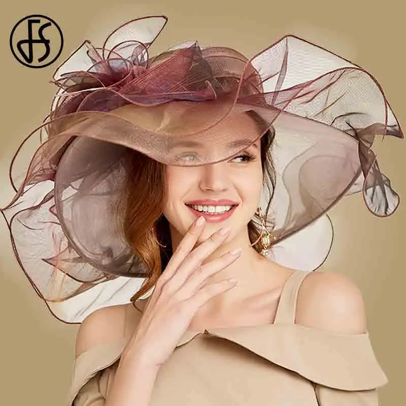 FS Pink Kentucky Derby Hat For Women Organza Sun Hats Flowers Elegant Large Wide Brim Ladies Wedding Church Fedoras