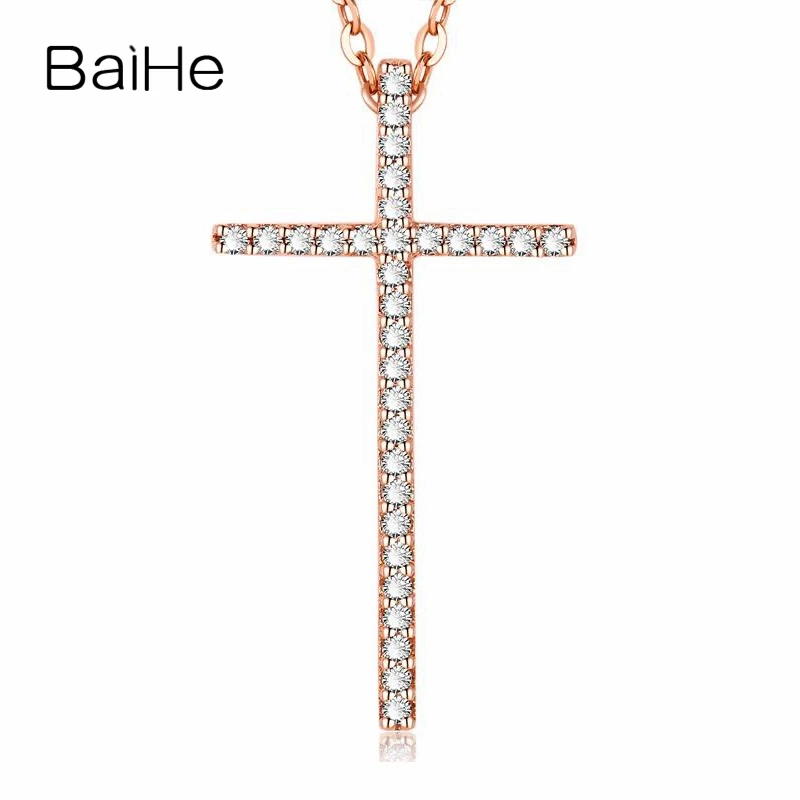 

BAIHE Solid 18K Rose Gold 0.18ct H/SI Natural Diamond Cross Necklace Women Men Fine Jewelry Making Collier Croix Kruis ketting