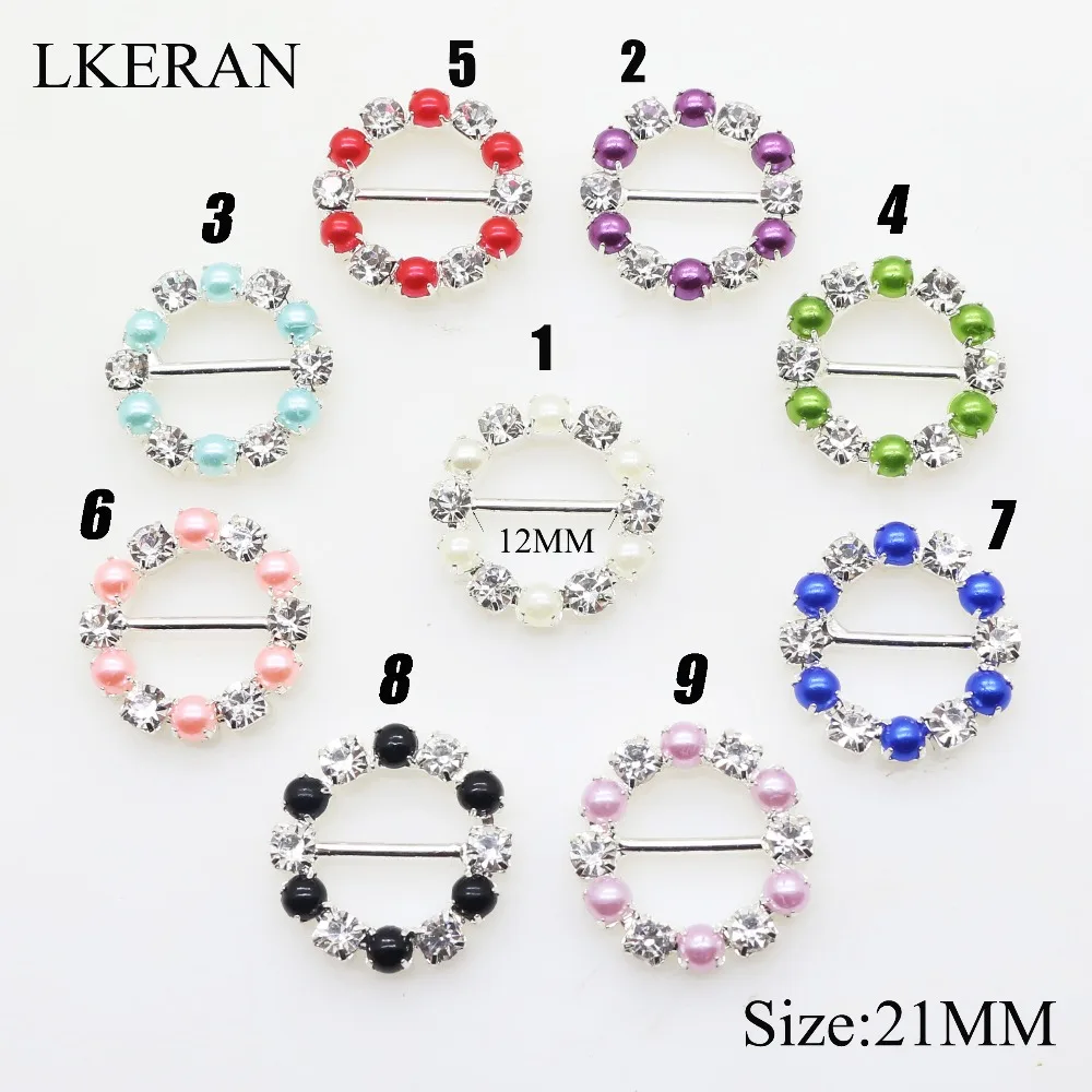 100pieces 20mm Round-shaped rhinestone buckles colorful pearl buckle invitations decoration Ribbon slider DIY hair accessories