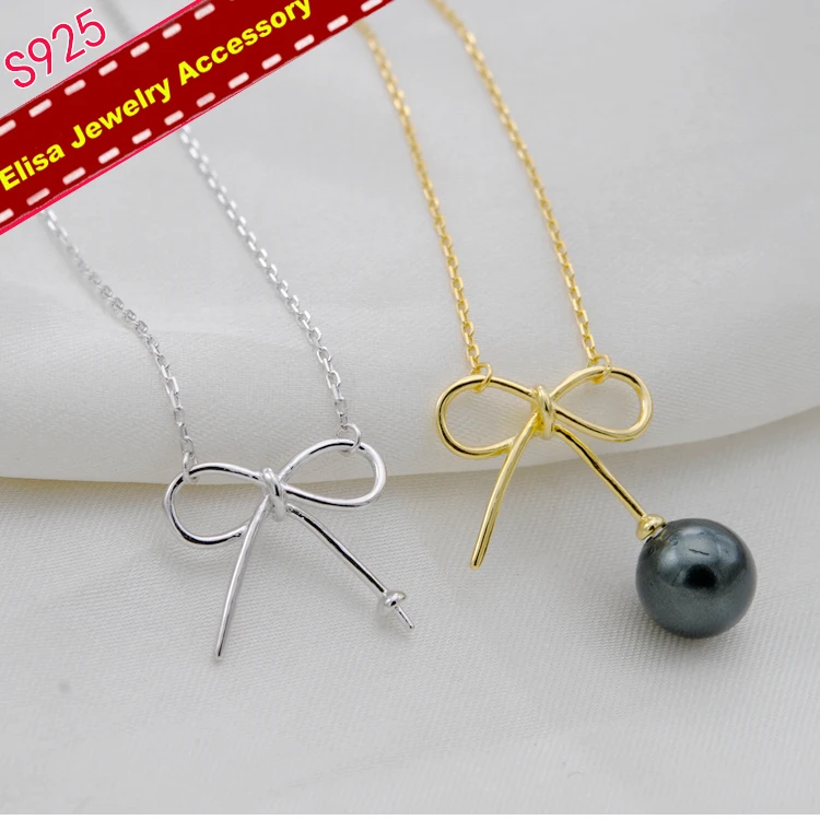 

Bowknot Design Pearl Pendant Necklace Findings S925 Sterling Silver Pendant Chain Accessory Silver&Gold Color 3Pcs/Lot