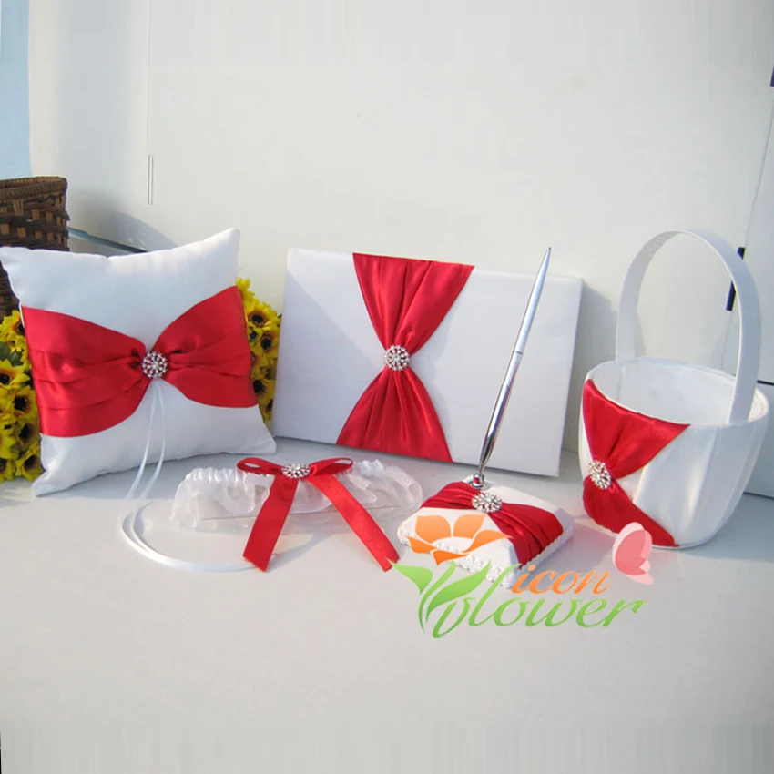 

5Pcs/Set red Satin Crystal Wedding Ring Pillow Guest Book +Pen Set Ring Pillow Flower Girls Basket Wedding Bridal Set