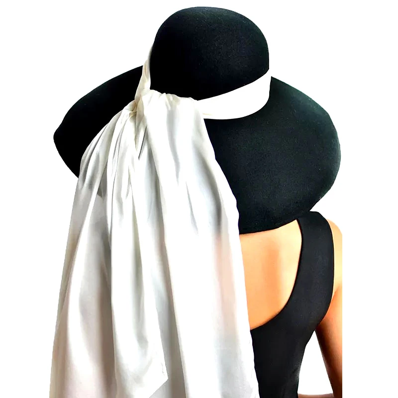 Women Fashion Retro Style Wool Felt Bowler Hat , Black Color White Silk streamers Big Brim Hat ,Large eaves Adjustable Show Hat