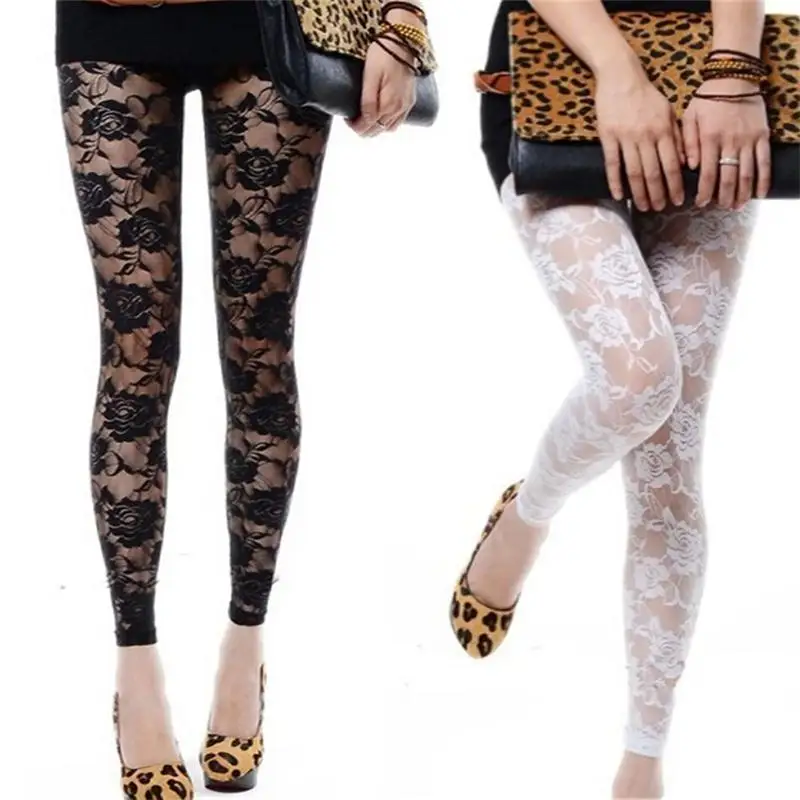 Fashion Lace Leggings Sexy Women Skinny Leggings Soft Floral Rose Printed Stretchy Jeggings Slim Pencil Pants