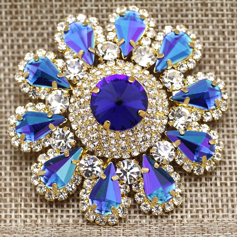 55mm colorful Round Flower Shape sew on rhinestone with golden claw setting Rhinestone Buttons for clothing Dress decoration