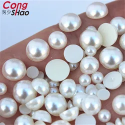 6/8/10/12mm flatback White/Ivory imitation pearl beads ABS Acrylic Round Rhinestone DIY Wedding Dress Button Accessories ZZ248