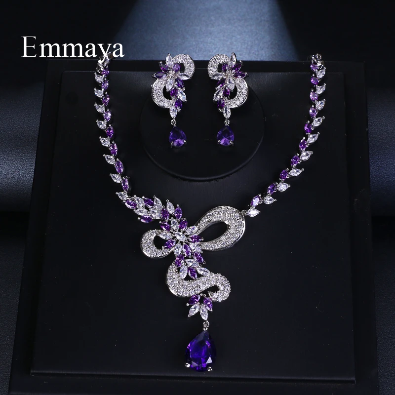 Emmaya Brand Fashion Water Drop Shape AAA Cubic Zircon Three Colors Crystal Earrings Necklace Set For Women Bride Jewelry Gift