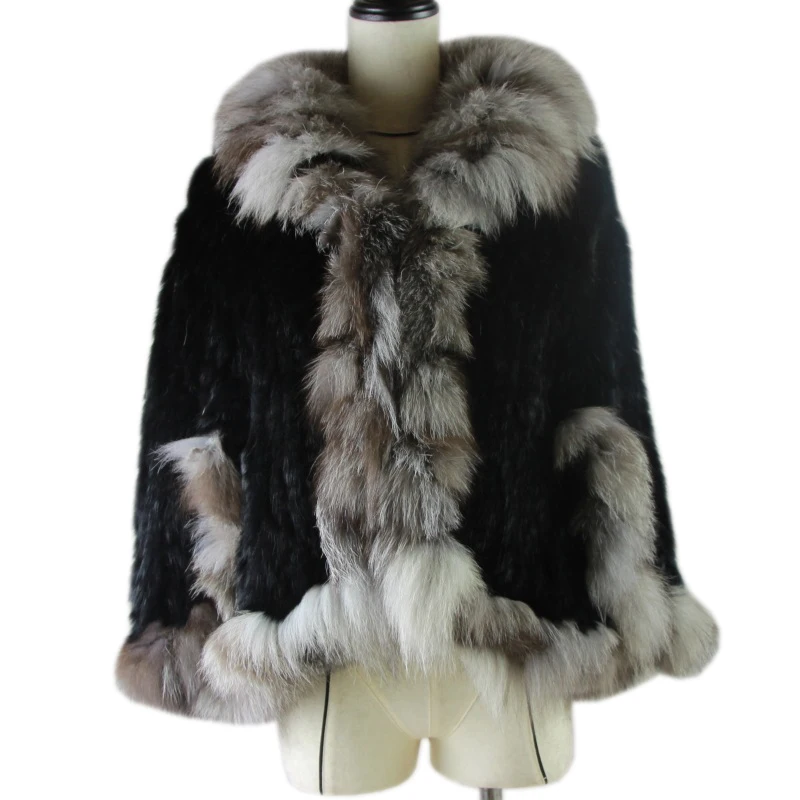 Winter Real Rabbit Fur Poncho For Women Knitted Natural Rabbit Fur Shawl With Genuine silver Fox Fur Collar Pashmina Hot sell