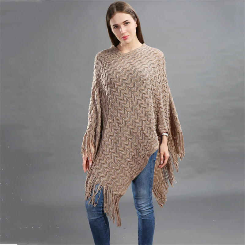 

IANLAN 2019 Women Fashion Sequined Tassels Cloak Poncho Ladies Shawls Stole Autumn/Winter Solid Loose Outwear Tops IL00079