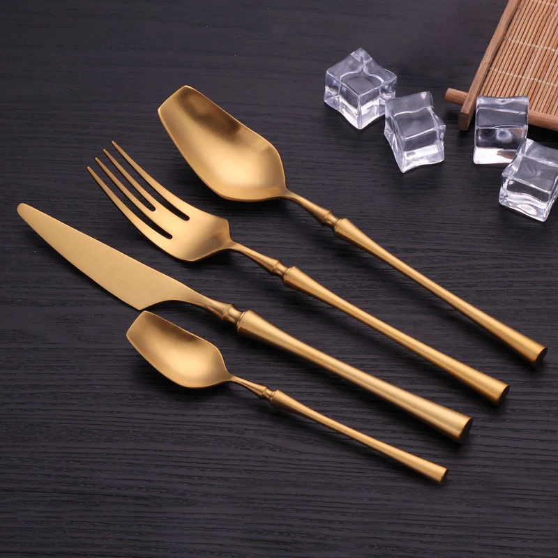 Pure Gold Matte Cutlery 18/8 Stainless Steel 4pieces Portable Metal Restaurant Dinnerware Knife Fork Set Tableware Christmas