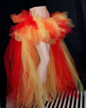 High Low Flames Long Tulle Skirt Formal Bustle Cosplay Costume Floor Length Hi Lo Maxi TuTu Skirts Adult Saia Longa Faldas