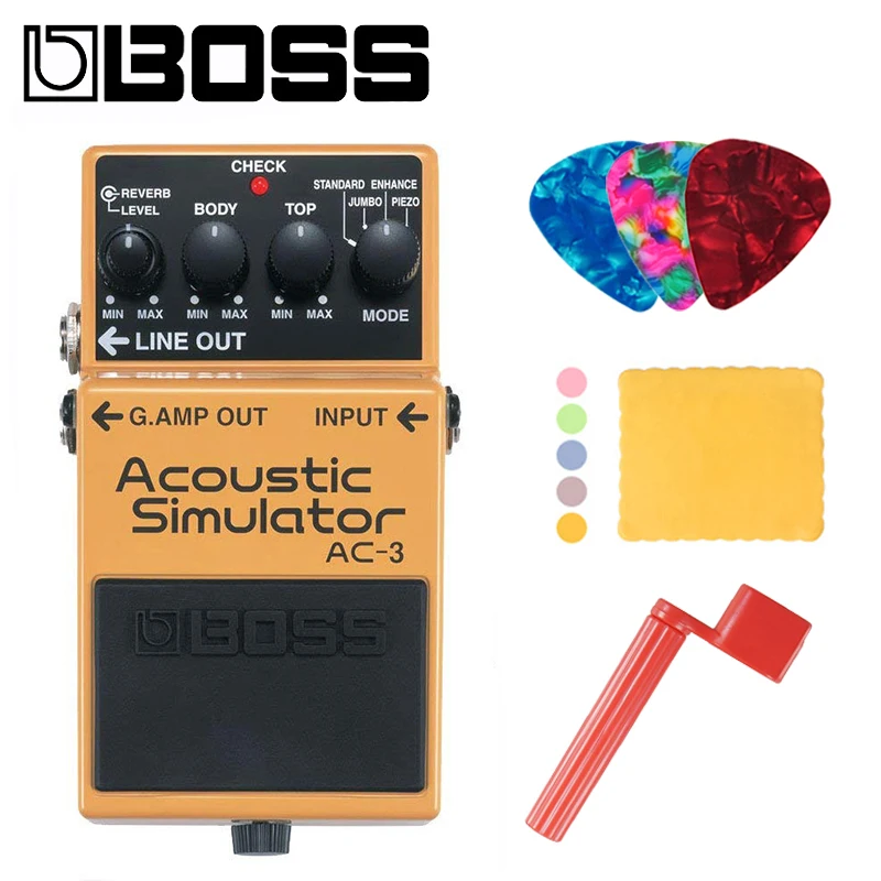 Boss AC-3 Acoustic Simulator Pedal for Guitar Bundle with Picks, Polishing Cloth and Strings Winder