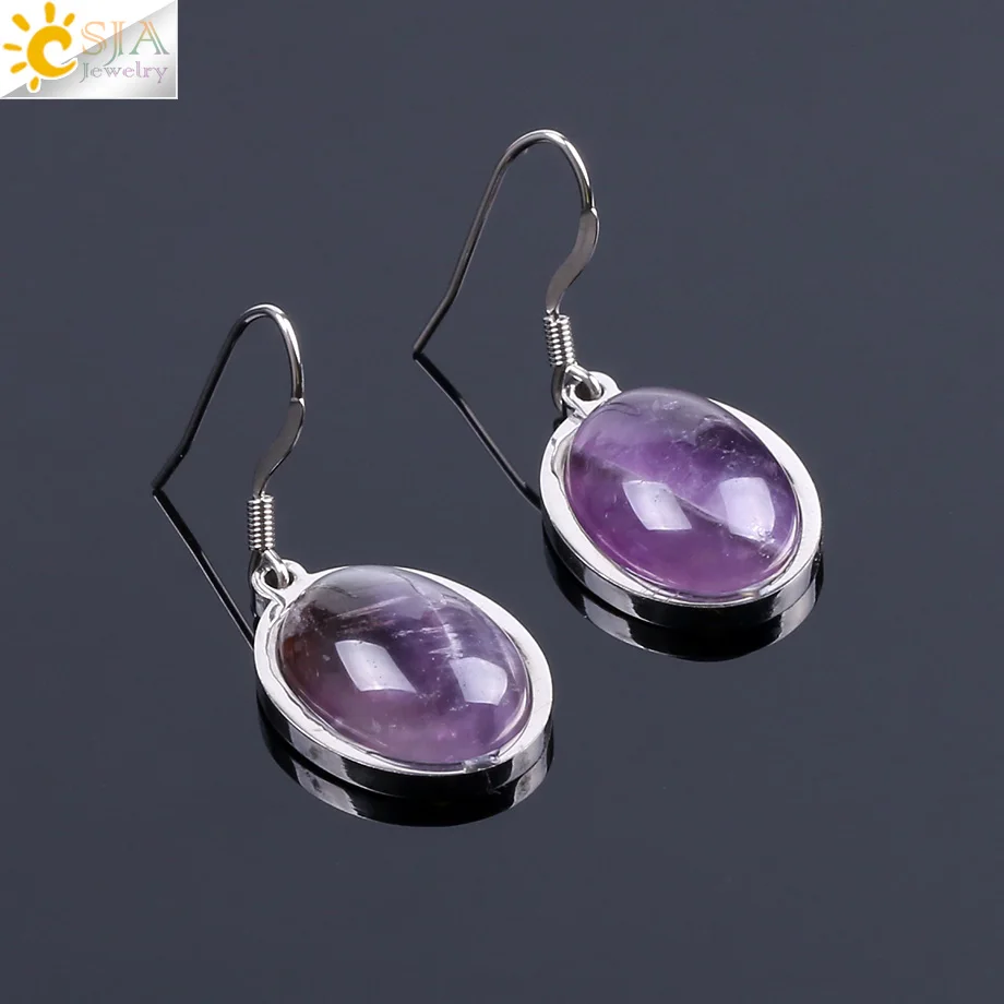 CSJA Natural Stone Purple Quartz Tiger Eye Lapis Lazuli Oval Beads Earrings Simple Design Style for Women Fashion Jewelry F120